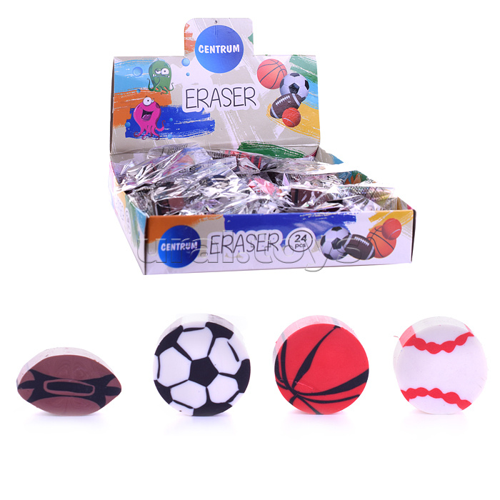 Ластик (синтетический каучук) "Мяч" 25x25 мм, дизайны ассорти (футбольный, баскетбольный, теннисный, мяч для регби)