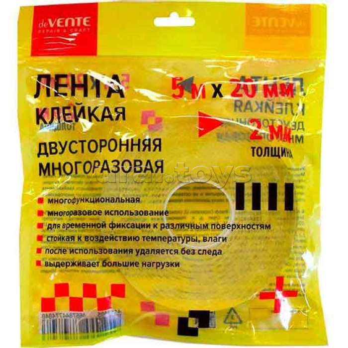 Клейкая лента двусторонняя "Repair & Craft" многоразовая, прозрачная, 5m х 20 мм, толщиной 2 мм, в зип пакете с европодвесом