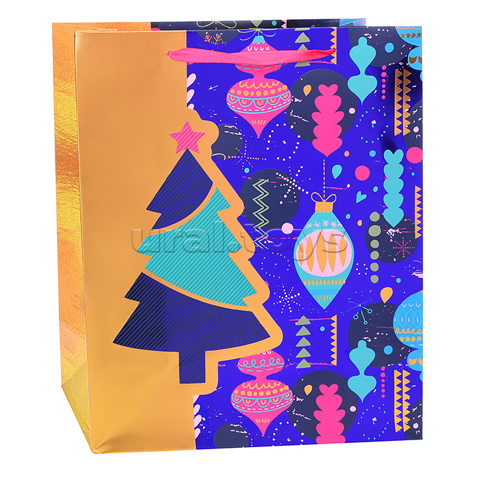Бумажный пакет "Елочные игрушки" с золотым и фиолетовым тиснением, с ламинацией, с шириной основания 26 см, плотность бумаги 210 г/м2