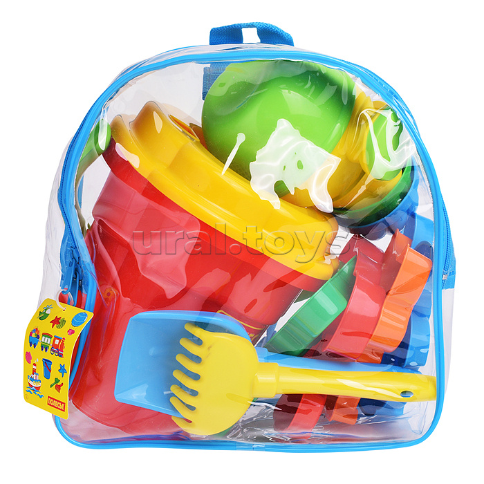 Набор №168 (в рюкзаке): ведро-цветок большое, ситечко-цветок большое, лопатка №5, грабельки №5, формочки (белочка + пёсик + котёнок + медведь), 3 формочки, лейка малая №4