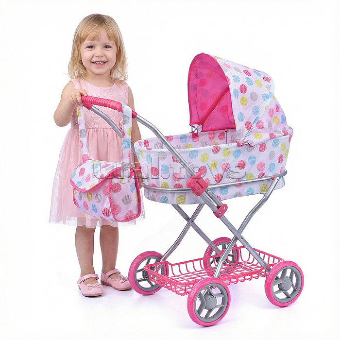 Коляска для кукол, металлическая, складная, прогулочная с капюшоном, с сумкой и корзиной , цве