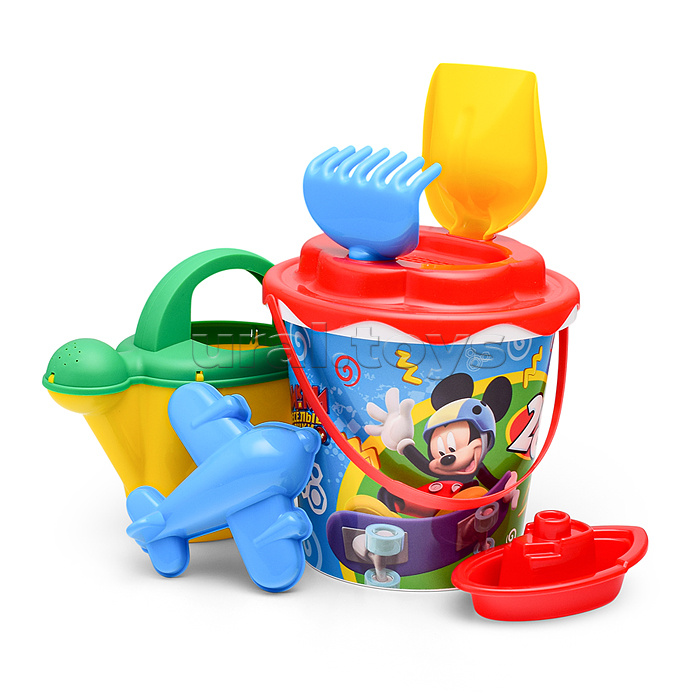 Набор Disney «Микки и Весёлые гонки» №12: ведро с наклейкой, ситечко "Солнышко", лопатка №5, грабельки №5, формочка (самолёт), кораблик "Юнга", лейка №10