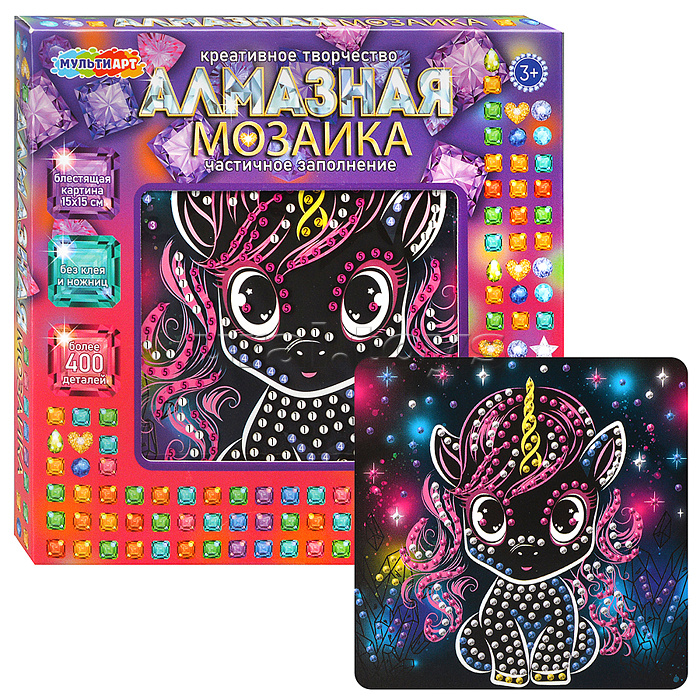 Алмазная мозаика на черном фоне 15*15 "Единорог" в коробке Алмазная мозаика на черном фоне 15*15 "Единорог" в коробке
