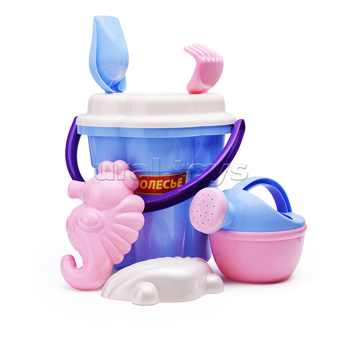 Набор №651 сафари: ведро-цветок большое, ситечко-цветок большое, лопатка №5, грабельки №5, формочки (ракушка №1 + морской конёк), лейка малая №4