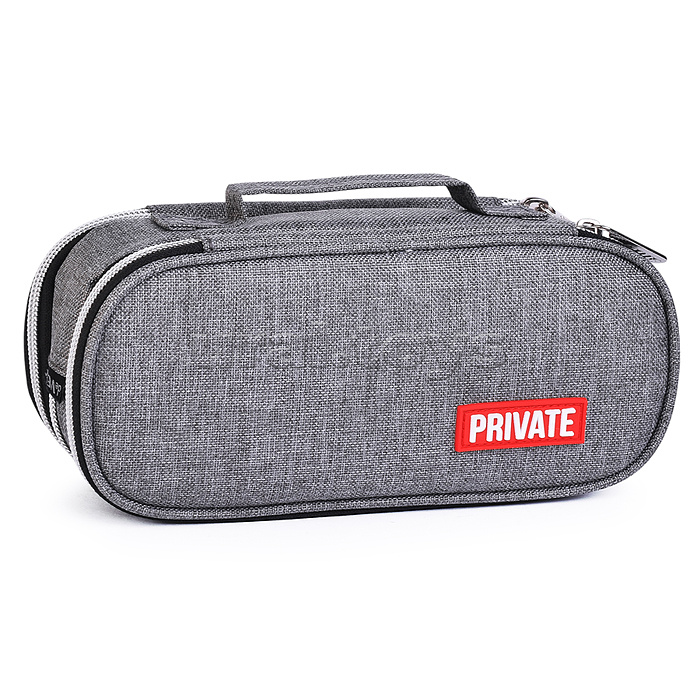Пенал "Private" 22x9x8 см, овальный для 100 предметов, 3 отделения на молнии, 2 отделения с внутренним органайзером, текстильный, с ручкой, с каучуковой аппликацией, серый Пенал "Private" 22x9x8 см, овальный для 100 предметов, 3 отделения на молнии, 2 отделения с внутренним органайзером, текстильный, с ручкой, с каучуковой аппликацией, серый
