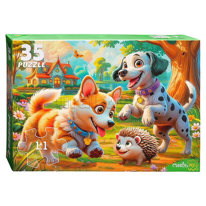 Пазлы 35 "Щенки и ежик"