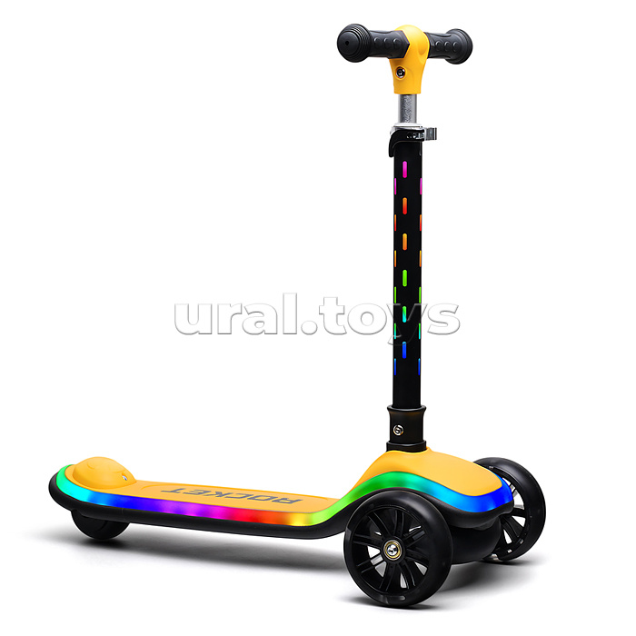 Самокат трёхколёсный ROCKET светящиеся колеса PU, дека, рулевая стойка, цвет жёлто-чёрный
