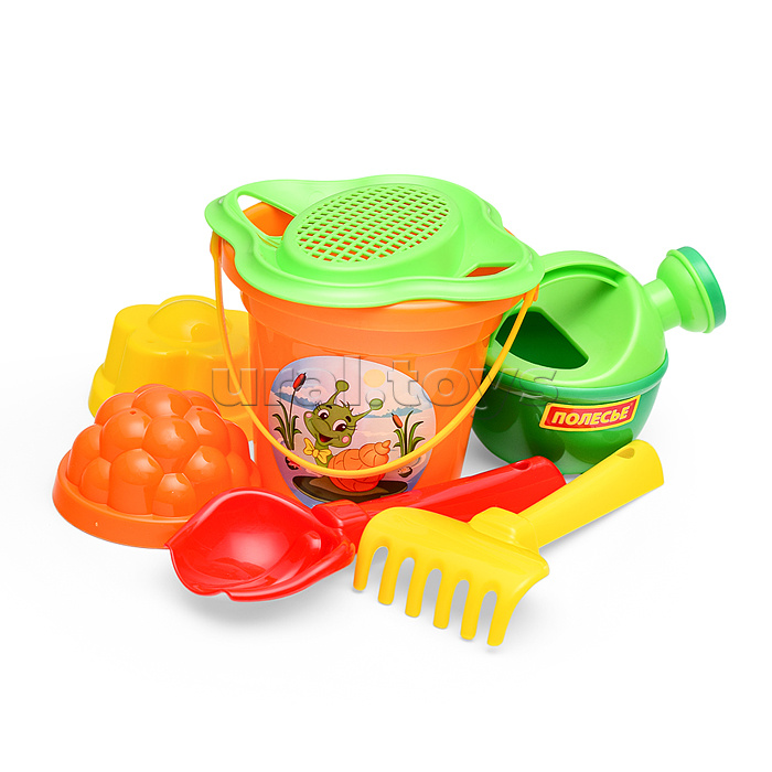 Набор №238: ведро малое, ситечко-цветок, совок №2, грабельки №2, 2 формочки, лейка малая №3