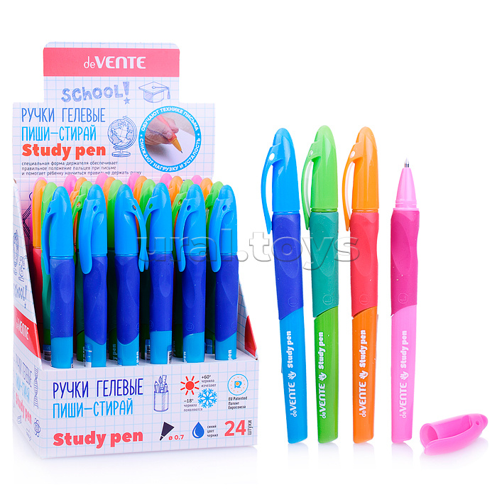 Ручка гелевая стираемая "Study Pen" обучающая письму, для правшей, d=0,7 мм, с каучуковым держателем, с ластиком в колпачке, сменный стержень, с индивидуальной маркировкой, в картонном дисплее, синие чернила Ручка гелевая стираемая "Study Pen" обучающая письму, для правшей, d=0,7 мм, с каучуковым держателем, с ластиком в колпачке, сменный стержень, с индивидуальной маркировкой, в картонном дисплее, синие чернила