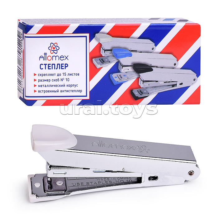 Степлер "Attomex" № 10 (мощность 15 листов, глубина скрепления 35 мм) металлический, со встроенным металлическим антистеплером, в картонной коробке, серый