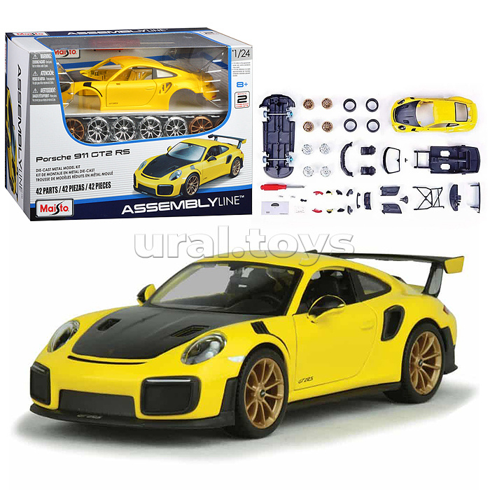 DIY машинка с отверткой die-cast Porsche 911 GT2 RS, 1:24, чёрно-жёлтая