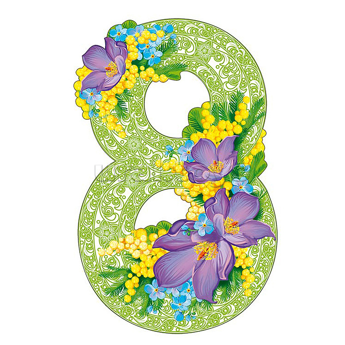 Плакат вырубной А4. Восьмерка. зеленый орнамент с крокусами (с блестками в лаке)