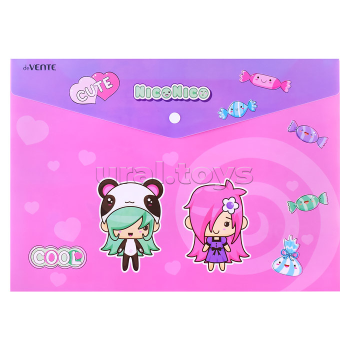 Папка-конверт на кнопке "NicoNico" A4 (335x240 мм) 180 мкм, непрозрачная с рисунком, тиснение фольгой, индивидуальная маркировка, 2 дизайна ассорти