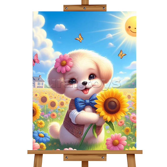 Мозаика алмазная "Щенок в цветах" 20*30см.