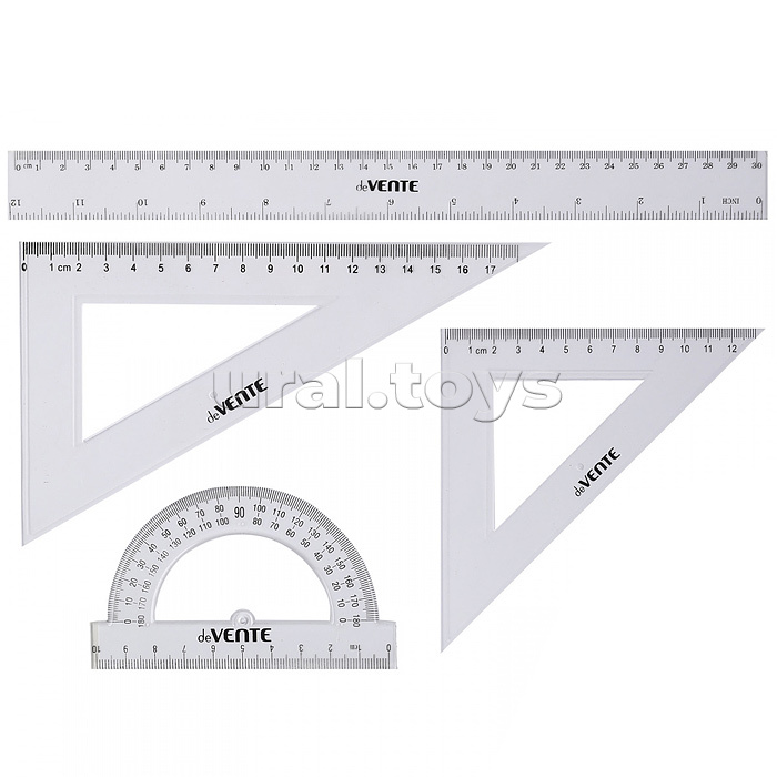 Набор геометрический средний, 4 предмета (линейка 30 см, 2 угольника, транспортир) прозрачный, в пластиковом блистере