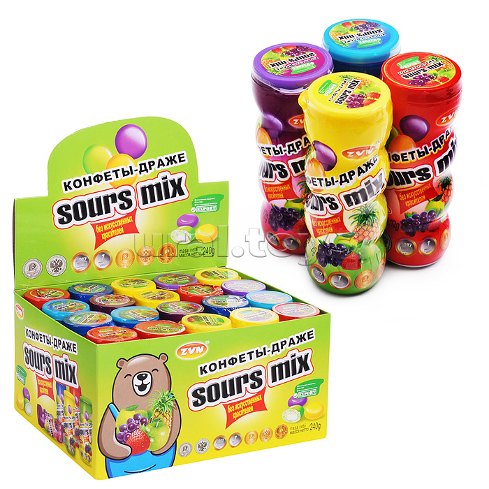 Конфеты-драже "Sours mix" со вкусом лимона, клубники и черники Zvn "Балабол" 12г*20 шт