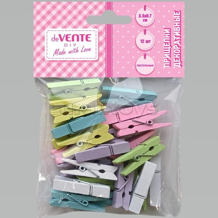 Прищепки декоративные "DIY Natural Wood" деревянные, размер 35x7 мм, 12 шт, пастельные цвета ассорти, в пластиковом пакете с блистерным подвесом
