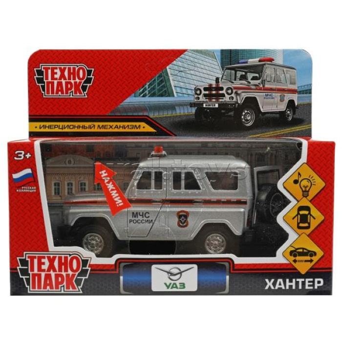 Машина металл свет-звук УАЗ Хантер МЧС длина 12 см, двер, багаж, инерц.