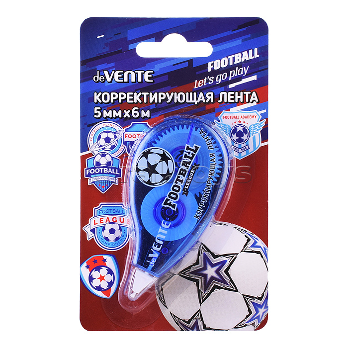 Корректирующая лента "Football" 5 ммx06 м, регулировка натяжения ленты, синий прозрачный корпус, фронтальный аппликатор, в картонном блистере Корректирующая лента "Football" 5 ммx06 м, регулировка натяжения ленты, синий прозрачный корпус, фронтальный аппликатор, в картонном блистере
