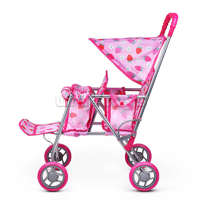 Коляска для кукол, для двойни, металлическая, складная, цвет клубнички на розовом