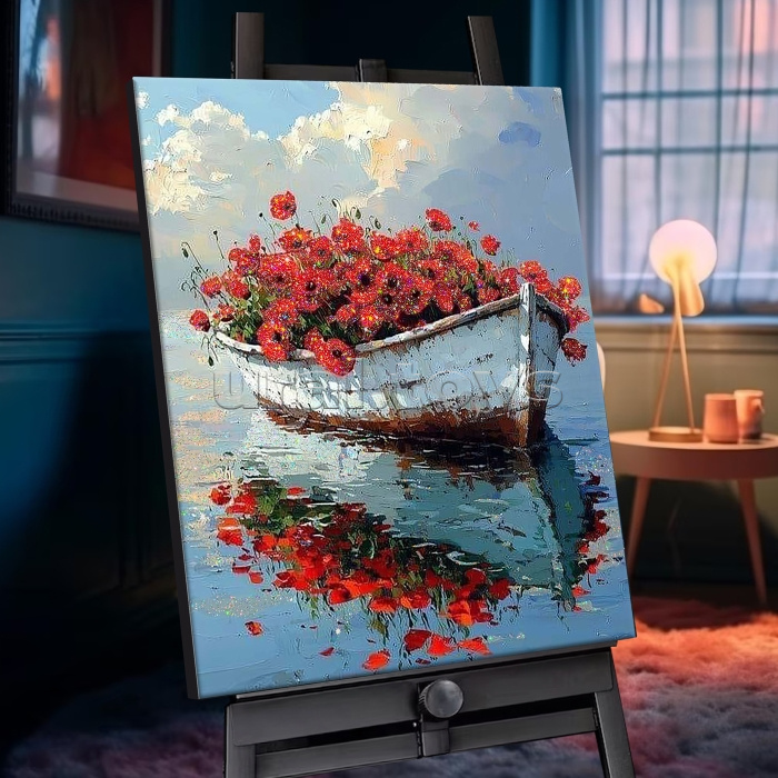 Картина по номерам 40х50 "Лодка с красными маками" с кристаллами из хрусталя (23 цветов)
