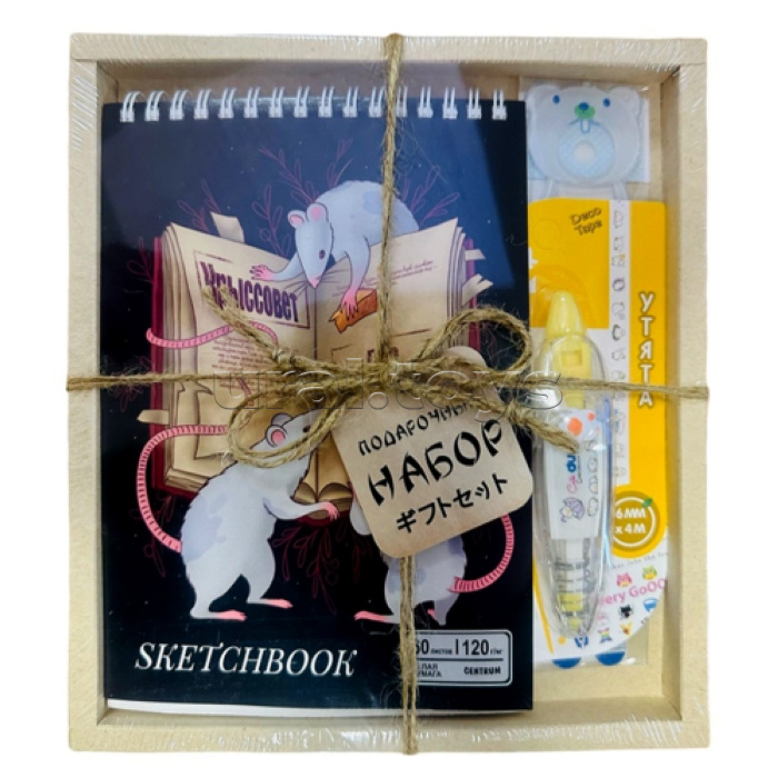 Набор скетчбук "Крыссовет" формат А5, 60 листов + Корректор-лента 6 мм х 4 м с рисунками для коррекции текста, творческих работ + Линейка пластиковая с лупой, 15 см в подарочной упаковке