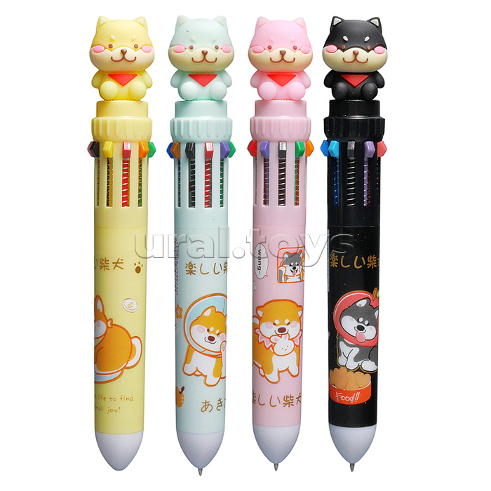 Ручка шариковая автоматическая "Собачка" 10-ти цветная, пулевидный пиш.узел 0.7мм, корпус пластиковый цветной, 6 дизайнов, картонный дисплей