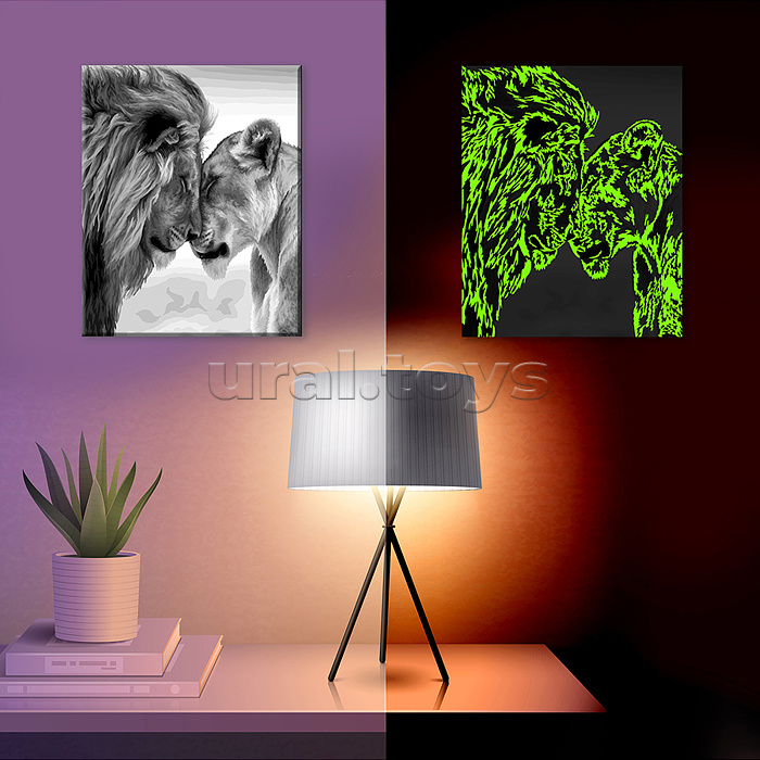 Картина по номерам 30х40 "Львиная пара" со светящейся краской (10 цветов)