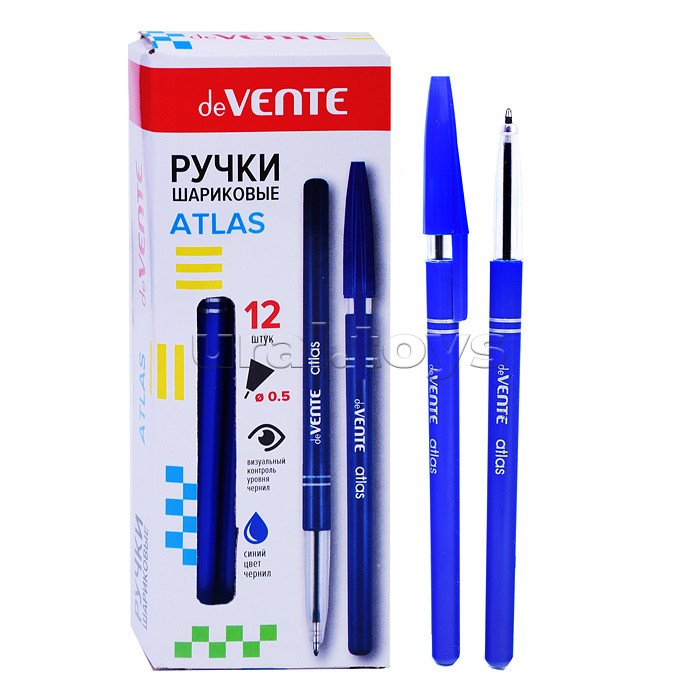 Ручка шариковая "Atlas" d=0,5 мм, синий корпус с прозрачным держателем, разборный корпус, сменный стержень, индивидуальная маркировка, синяя
