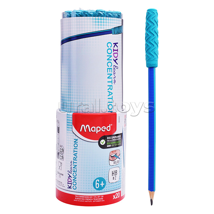 Карандаш чернографитный пластиковый "Kidy learn concentration" НВ, с нескользящей зоной захвата, с жевательной насадкой антистресс из пищевого силикона для повышения концентрации, 20 штук, в стакане-подставке