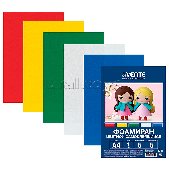 Фоамиран цветной самоклеящийся A4, 5 цв, 5 л, толщина 1 мм, пластиковый пакет с европодвесом