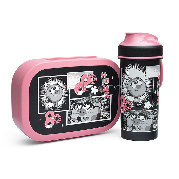 Набор: Ланч-бокс 0,98л и стакан детский с крышкой, петлей и декором "Смешарики" 0,4л (Розовый)