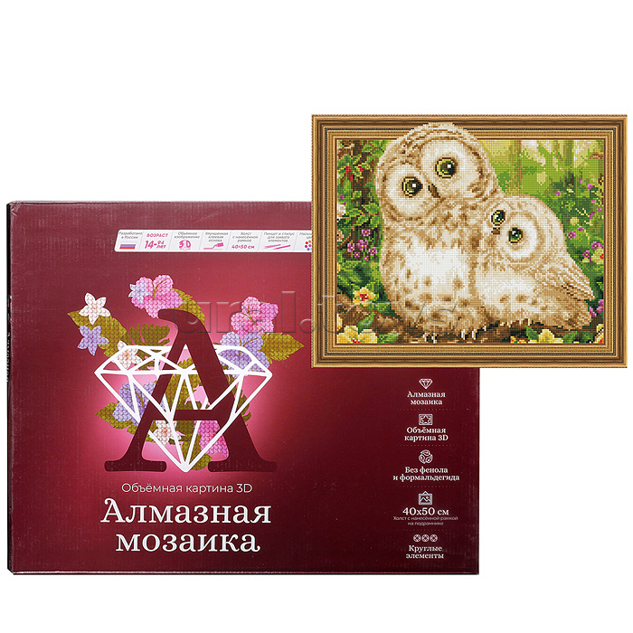 Алмазная мозаика 3D с нанесенной рамкой 40х50 "Совушка" (28 цветов)