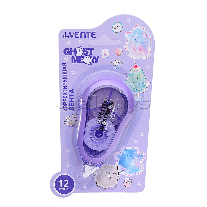 Корректирующая лента "Ghost Meow" 5 ммx12 м, полупрозрачный корпус с рамкой, сиреневый, фронтальный аппликатор, в картонном блистере