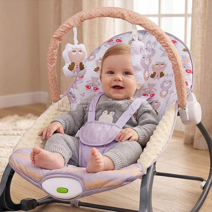 Шезлонг "Барашек розовый" качалка, вибрационный в каробке