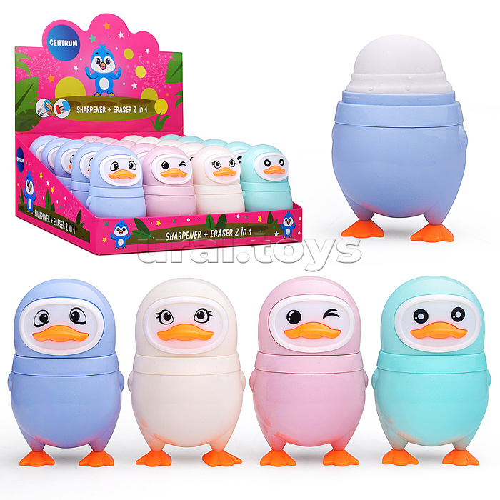 Точилка пластиковая с ластиком и контейнером "Penguin"