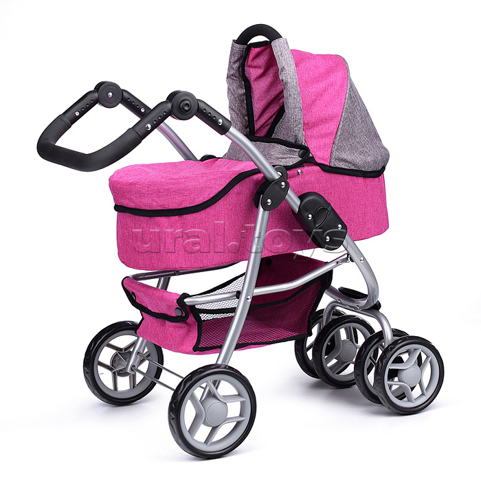 Коляска-трансформер для кукол, металлическая, регулируемая ручка, с корзиной, цвет розовый