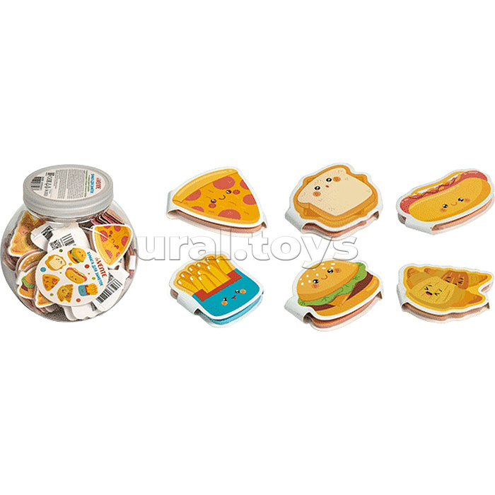 
Клейкая бумага для заметок "Fast Food" 45x45 мм, 50 листов, офсет 80 г/м?, печать 4+0, 6 дизайнов, в пластиковой банке