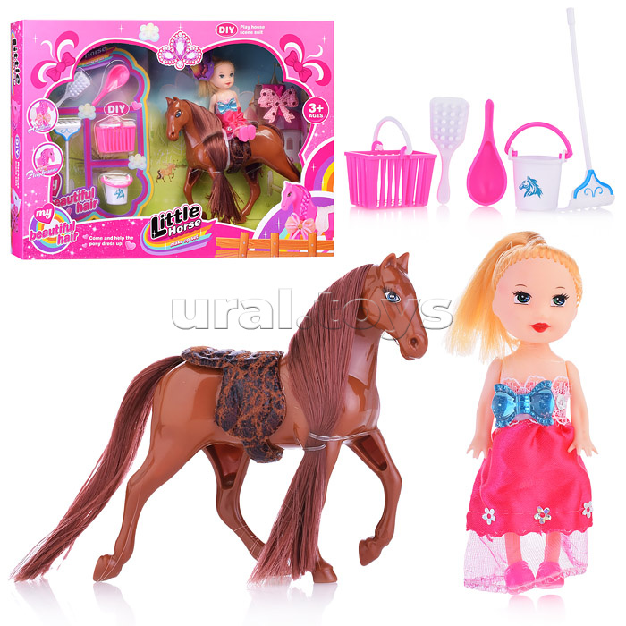 Набор кукла с лошадкой, с аксессуарами для уборки, в коробке