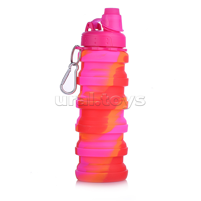 Бутылка складная 500 мл, герметичная, с пластиковой крышкой и поильником, с карабином, оранжево-розовая деграде, индивидуальная упаковка