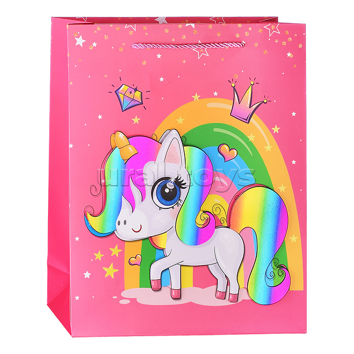 Пакет подарочный "Единорог на радуге" 26х32х10 см, 3D