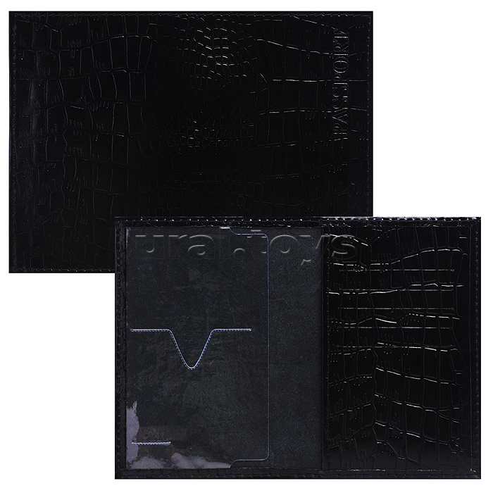 Обложка для паспорта "Attomex" 97x140 мм натуральная кожа шик под кожу крокодила, прозрачный ПВХ клапан и кожаный клапан с отделениями для визиток и сим карты, скругленные уголки, черная, индивидуальная упаковка