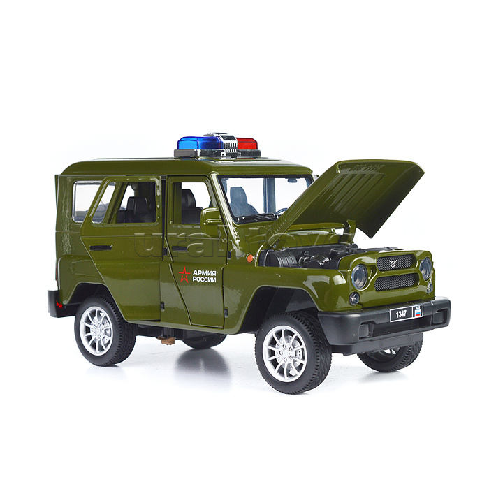 Машина металл Uaz Хантер Армия России 17 см, (двер, свет-звук, зелен,) инерц., в коробке