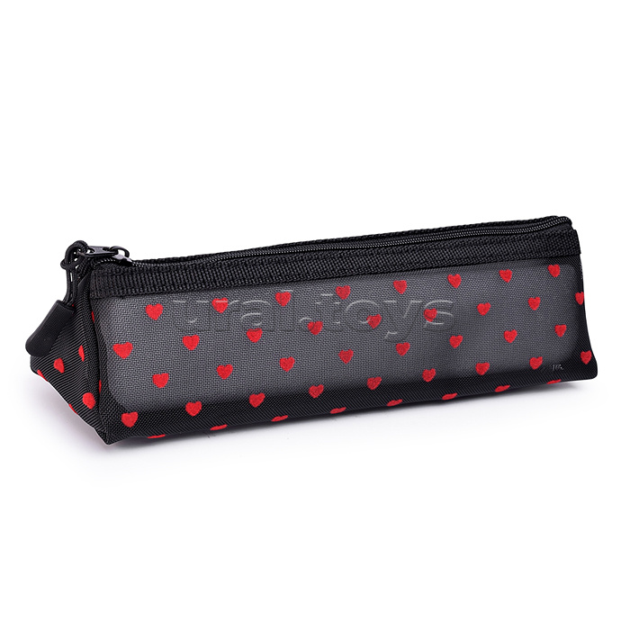 Пенал "My Secret Mesh" 21x6x6 см, матовая сетка из ПВХ с бархатным рисунком, отделение на молнии, треугольный для 40 предметов, черный с сердечками