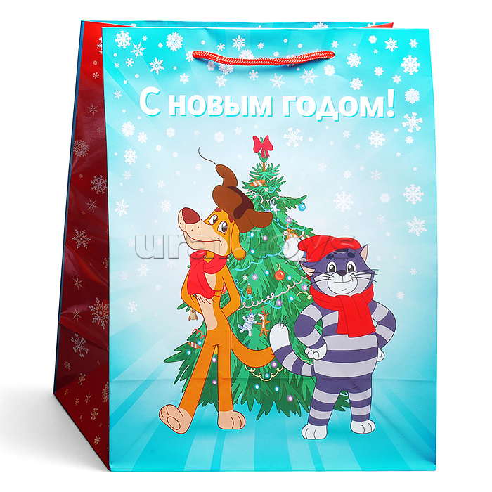 Пакет подарочный с глянц. лам. 26.4*32.7*13.6см(L) "Кот и собака у ёлки" 157г (Простоквашино)