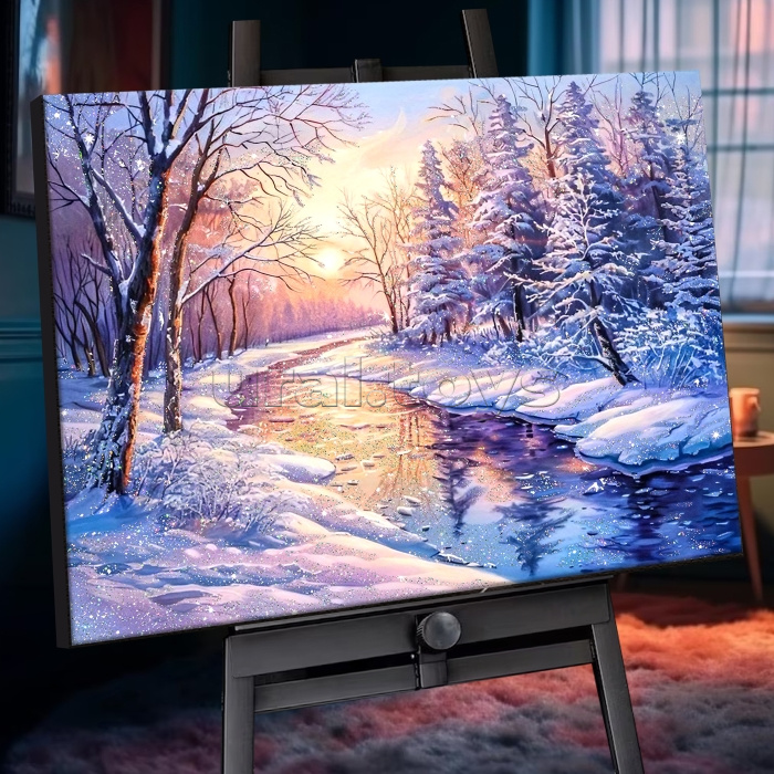 Картина по номерам 40х50 "Зимний рассвет" с кристаллами из хрусталя (28 цветов)