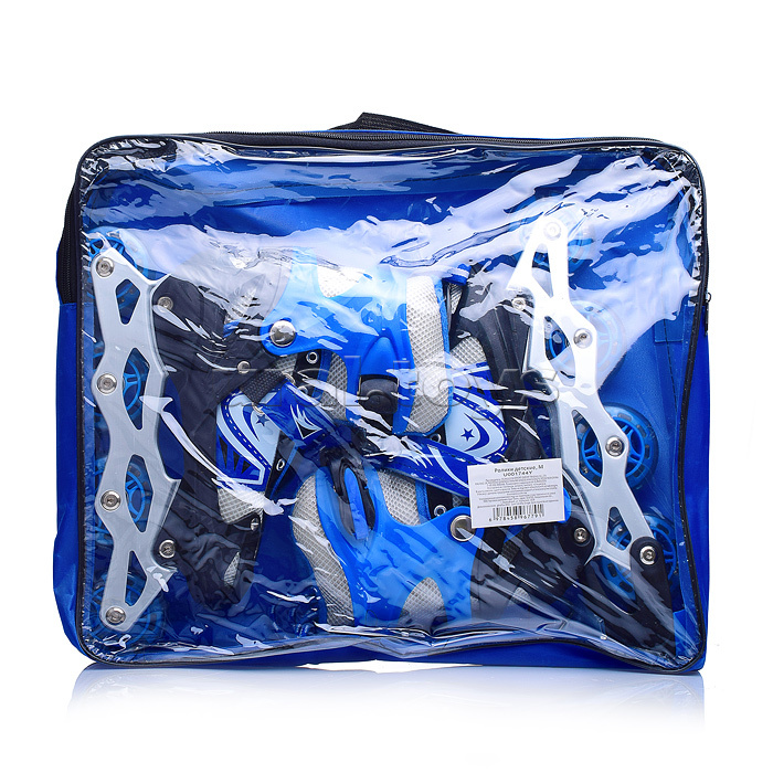 Ролики детские (размер M) черно-синие с белым, PU колёса со светом. в сумке