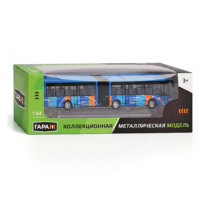 Автобус металлический городской с гармошкой, инерционный, масштаб 1:64 (синий)