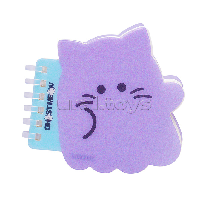 Блокнот A7 "Ghost Meow" 95x92 белая бумага 80 г/м² в линейку, пластиковая фигурная обложка на пластиковой спирали, цветная печать, в пластиковом пакете, "Серый котёнок"