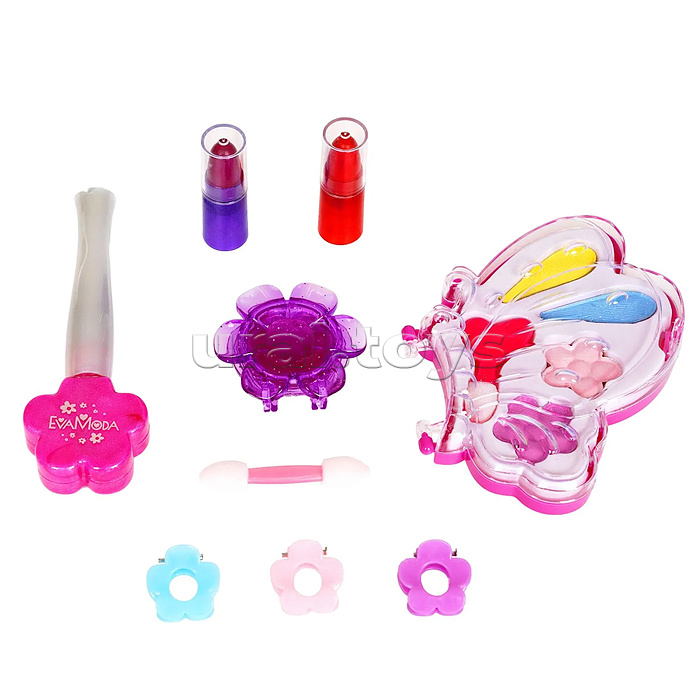 Набор детской декор. косметики Eva Moda,  бабочка с тенями для век 4 оттенка (2,8г), 2 аппликатора, помады 2 оттенка (1,6г), лак для ногтей (7,8г), цветок-футляр с блеском для губ (1,4г), 3 заколки